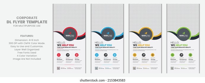 Red, Blue, Yellow and Green Color Corporate DL Flyer Rack Card Template Unique Design with Creative Concept 