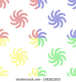 Red, blue, yellow and green colored Flower petals and leaves surrounded by each others is in Seamless pattern
