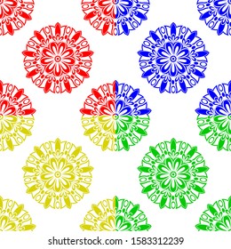 Red, blue, yellow and green colored  Mandala Design concept of circles, flower petals and leaves is in Seamless pattern