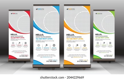 Red, Blue, Yellow, Green Corporate Roll Up Banner Template Design, Modern Unique Business Signage Standee Layout