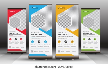 Red, Blue, Yellow, Green, Corporate Business Roll Up Banner Standee Template, Modern X Banner Signage Unique Design for Commercial and Multipurpose Use