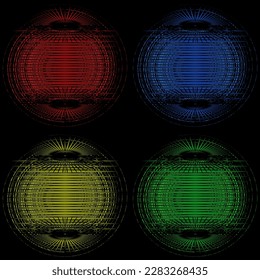Red, blue, yellow, green lanterns on a black background. Square drawing for illustration and icons.