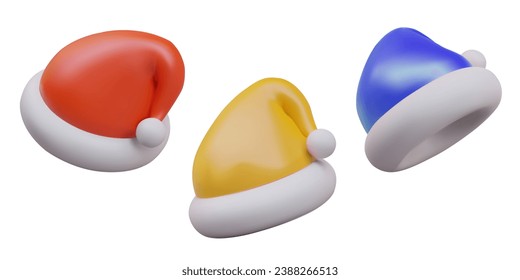 Red, blue, yellow hat with pompons. Santa Claus accessory set. Part of Christmas costume. 3D vector element for winter compositions, advertising design