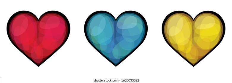 Red, blue and yellow hearts for St.Valentine`s day