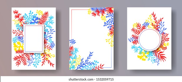 Red blue yellow invitation cards with herbal twigs and branches wreath and corners border frames. Rustic vintage bouquets with fern fronds, mistletoe twigs, willow, palm branches.