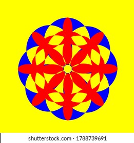 red blue yellow mandala flower with eight petals and red circular long rectangle