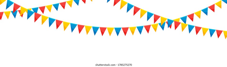 Red blue yellow paper bunting party flags isolated on white background. Carnival garland with flags. Decorative colorful party pennants for birthday celebration, festival decor. Colorful bunting flags
