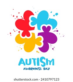 Red, blue, yellow and purple puzzle piece in the shape of a heart. Multicolored splashes of colors. Autism Awareness Day. Vector illustration on a white background.