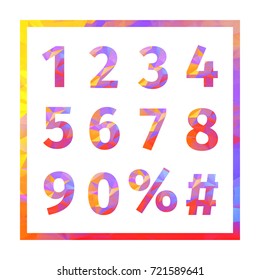 Red, blue, yellow, purple triangular numbers, percent sign and hash sign in a frame. Creative Design Templates
