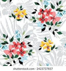 red blue and yellow seamless vector stock flowers with green leaves bunches pattern on grey stripe background