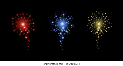 Red, blue and yellow sparkling fireworks realistic illustration isolated on black background. Multicolored explosion, new year, Christmas or holidays celebration vector elements.