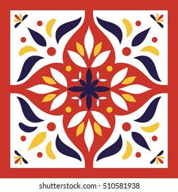 Red, blue, yellow and white tile vector. Italian majolica or portugal tiles pattern with oriental ornaments.