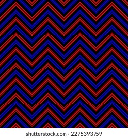 Red and blue zigzag chevron wave lines pattern on black background. Vector illustration for web design or print for fabric, packaging, wallpaper wrapping paper. Wall and floor ceramic tiles pattern.