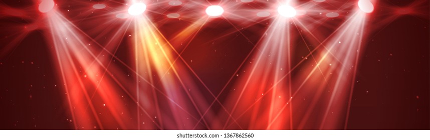 Red blur rays with spotlights for magic shiny background. Vector.