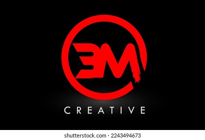 Red BM Brush Letter Logo Design with Circle. Creative Brushed Letters Icon Logo.