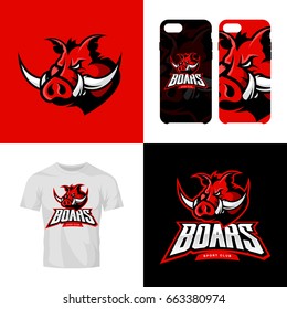 Red boar head sport club isolated vector logo concept. Modern professional team badge mascot design. Premium quality wild animal t-shirt tee print illustration. Smart phone case accessory emblem.
