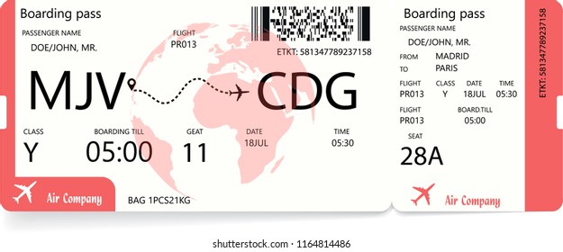 Red boarding pass. Airplane ticket isolated on white background. Vector illustration.