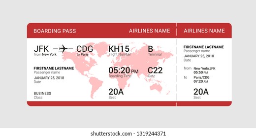 Red boarding pass isolated on a gray background. Vector illustration.