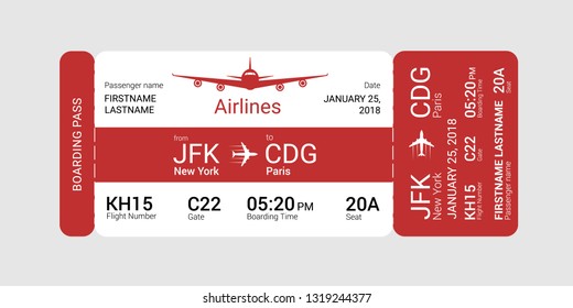 Red boarding pass isolated on a gray background. Vector illustration.