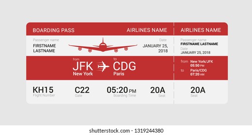 Red boarding pass isolated on a gray background. Vector illustration.