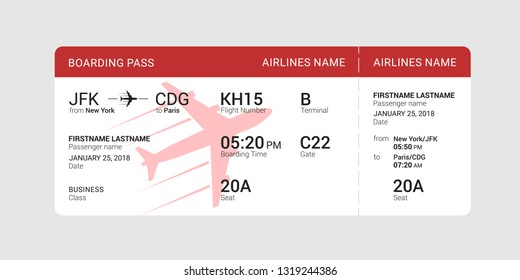 Red boarding pass isolated on a gray background. Vector illustration.