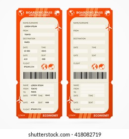 Red Boarding Pass Ticket Set. Vector illustration