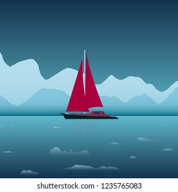 Red boat floating on a ice sea