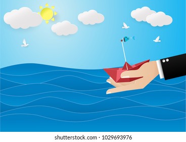 red boat in hand to the ocean.paper cut,digital craft style. Vector illustration.copy space, card,banner, poster, voucher.