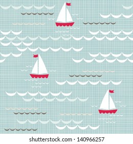 red boats on blue brown beige white sea with delicate waves  summer holiday seamless pattern on blue patterned background