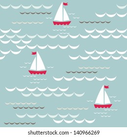 red boats on blue brown beige white sea with delicate waves and summer holiday seamless pattern on blue background