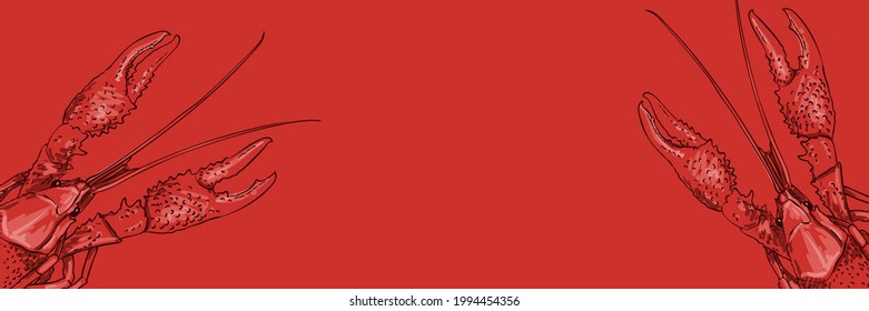 Red boiled crayfish vector drawing long web banner, Hand drawn seafood illustration with space for text