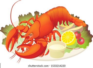 Red boiled ｌobster on dish, isolated on the white background