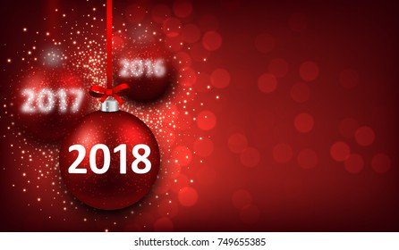 Red bokeh 2018 New Year background with Christmas balls. Vector illustration.