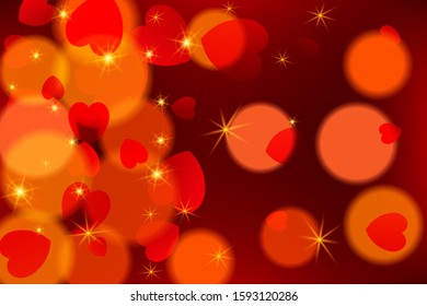 Red bokeh background with hearts, golden bokeh lights, holiday decorative effect.