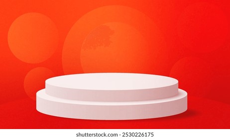 Red bokeh circles background. Realistic white cylinder pedestal podium. Bokeh. vector rendering geometric forms design. minimal scene. production stage showcase, mockup product display.