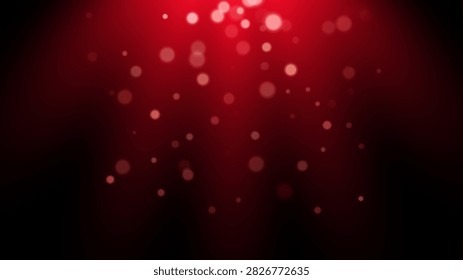 Red bokeh light background. Glowing particles with soft blur on deep dark backdrop. Subtle shimmer, bright festive ambiance, elegant depth. Abstract vector illustration.