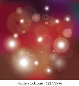 Red bokeh lights on a shiny red background. Vector red, purple, and ochre yellow glitter design. Street lights in the night fog. Gleaming celebration. Christmas lights. Feast, bohemian, festive mood. 