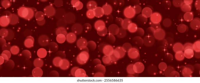 Red bokeh with stars and sparkles, shiny overlay decoration, abstract Christmas background.