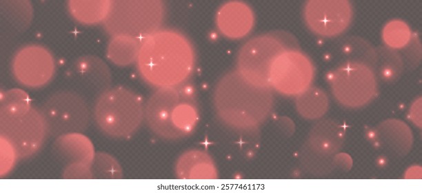 Red bokeh with stars and sparkles, shiny overlay decoration isolated on grey background.