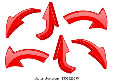 Red bold arrows. 3d shiny signs. Vector illustration isolated on white background