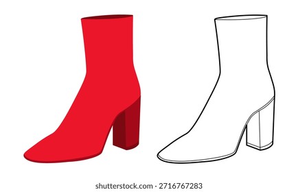 Conjunto de botas de tacón de bloque de color rojo para mujer y línea plana. Tacón de declaración con fuerte presencia para las noches de invierno. Ilustración de moda técnica Maqueta CAD Vector mixto hombres unisex estilo chic aislado