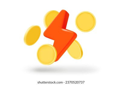 Red bolt with golden coins. Successful business concept. 3d vector element