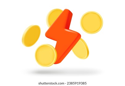 Red bolt with golden coins. Successful business concept. 3d vector element