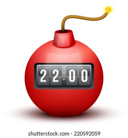 Red Bomb About To Blast with burning wick and time counter. Vector Illustration isolated on white background.
