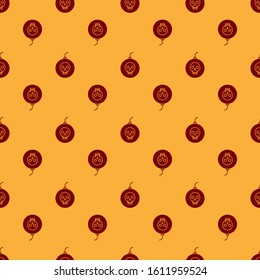 Red Bomb ready to explode icon isolated seamless pattern on brown background. Happy Halloween party.  Vector Illustration
