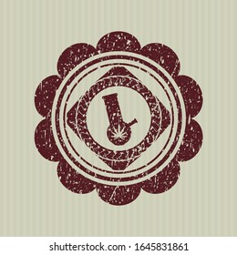Red bong of marijuana icon inside distressed rubber stamp with grunge texture