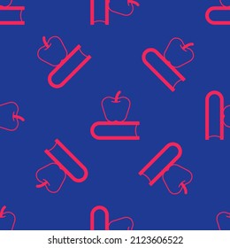 Red Book with apple icon isolated seamless pattern on blue background.  Vector