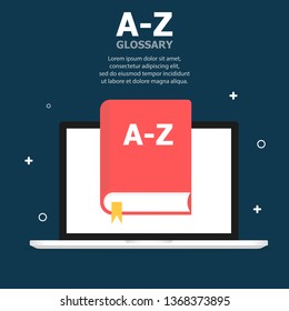 The red book A-Z glossary is depicted on the laptop screen. Above, white text is written. Dark blue background with objects.