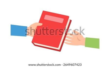 A red book being passed from one hand to another in illustration style