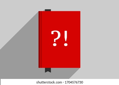 Red book with big  white question mark and exclamation mark at cover. Concept of manual, handbook, collection of frequently asked questions